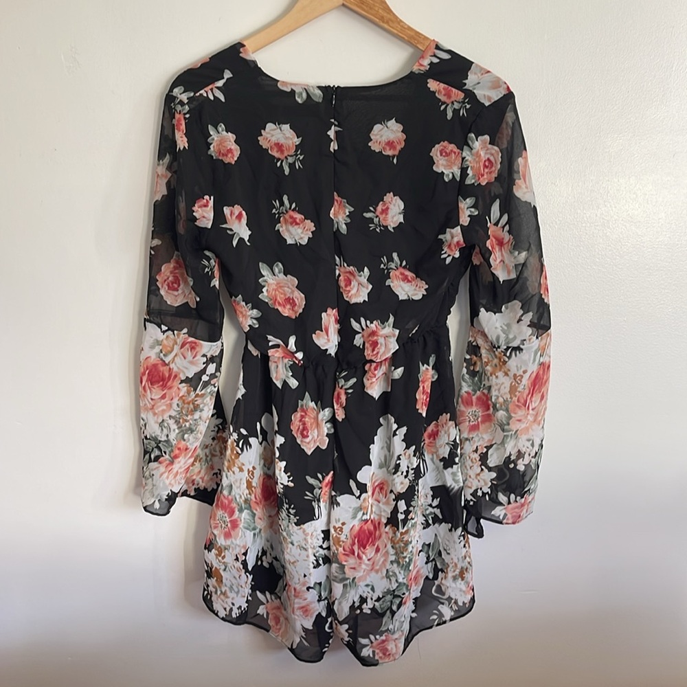 Choies Black Multicolored Floral Chiffon V-Neck Bell Long Sleeve Flowy Romper - Picture 8 of 13